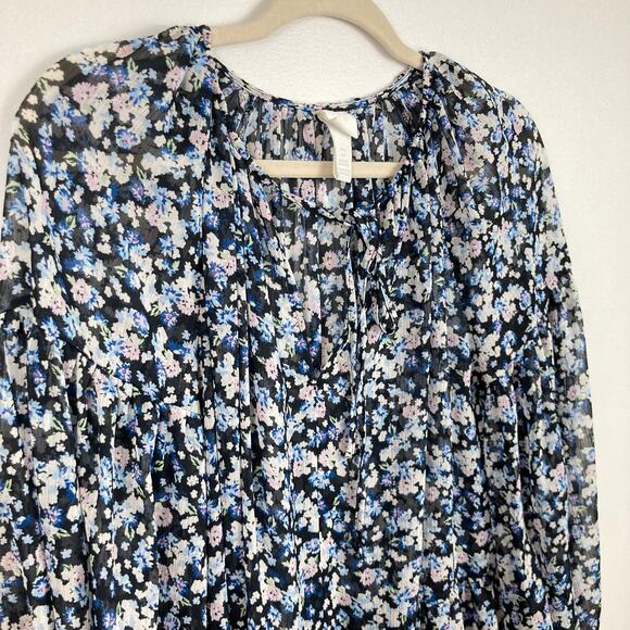 H&M Womens S Oversized Black Ditsy Floral Sheer Chiffon Dress Cottage Milkmaid - Picture 3 of 11